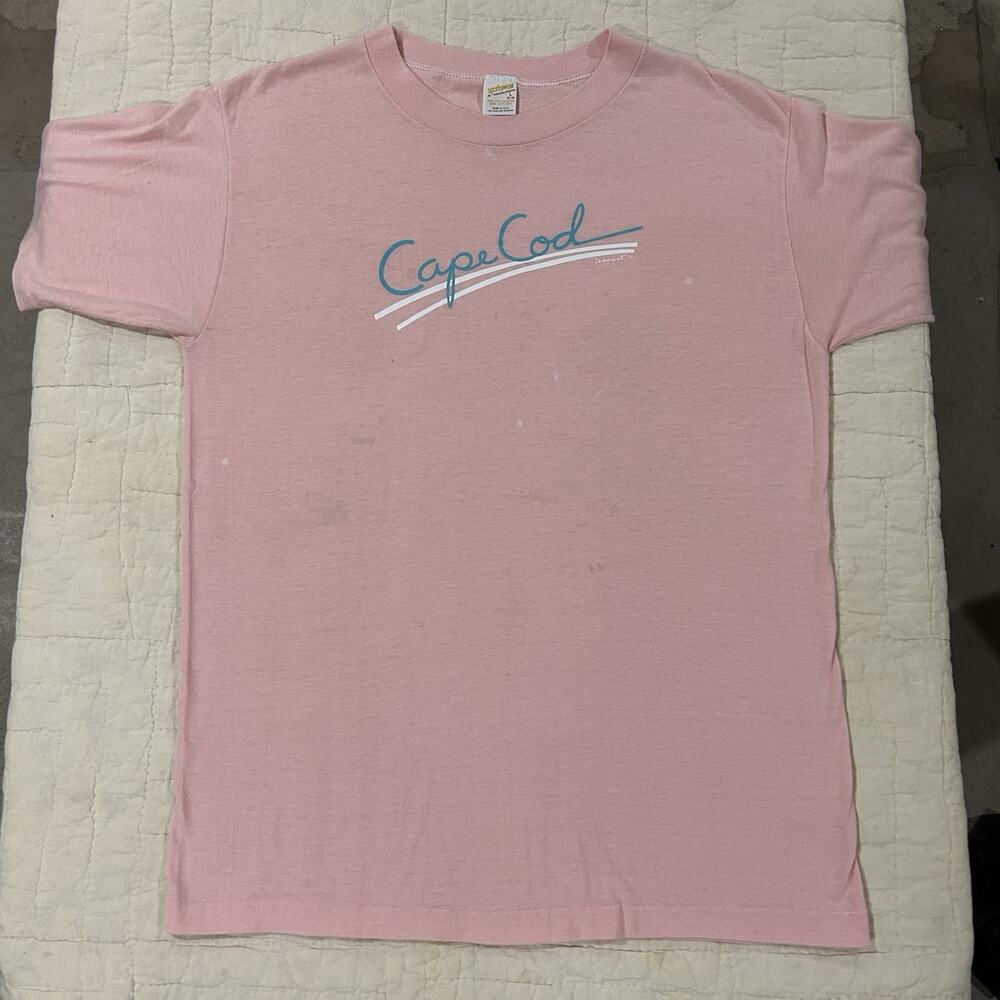 Vintage Sportswear Tag Cape Cod Graphic T Shirt Pink Blue Pastel Beach Size L - Picture 2 of 9